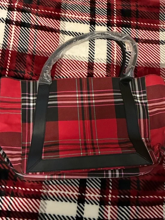 NEW Victoria's Secret Red and Black Plaid Tote with Floral Crest - Picture 2 of 6
